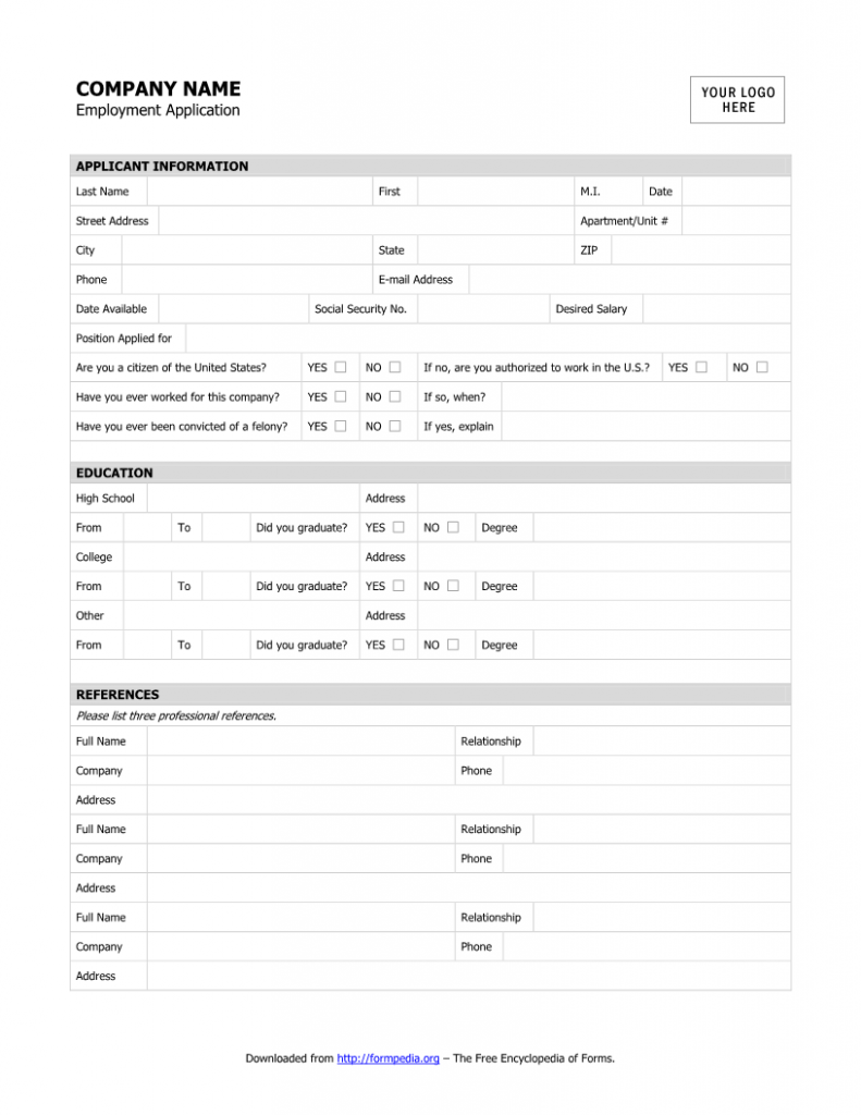 download free blank employment application template form download