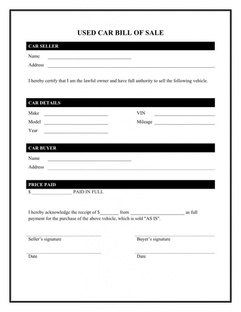 free bill of sale template for car