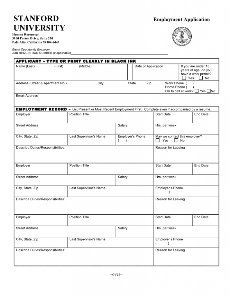 download free stanford university california employment application form form download