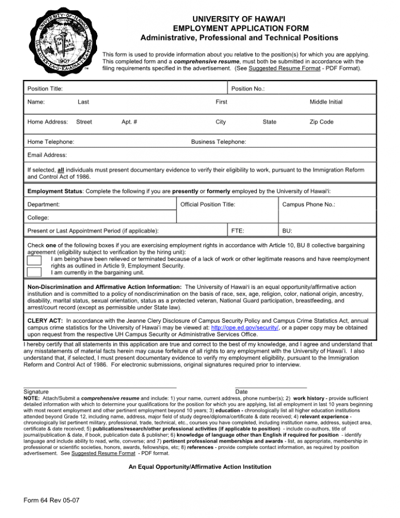 Download Free University of Hawaii Employment Application Form Form