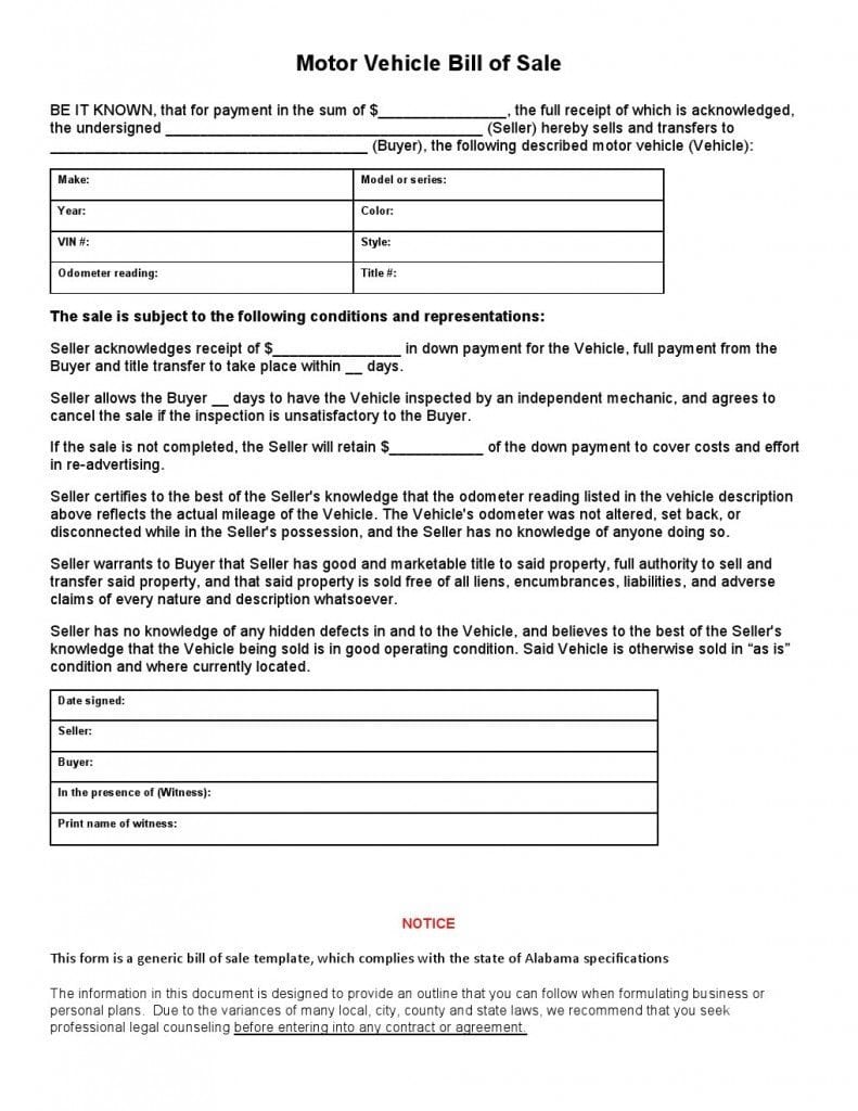 download free alabama vehicle bill of sale form download