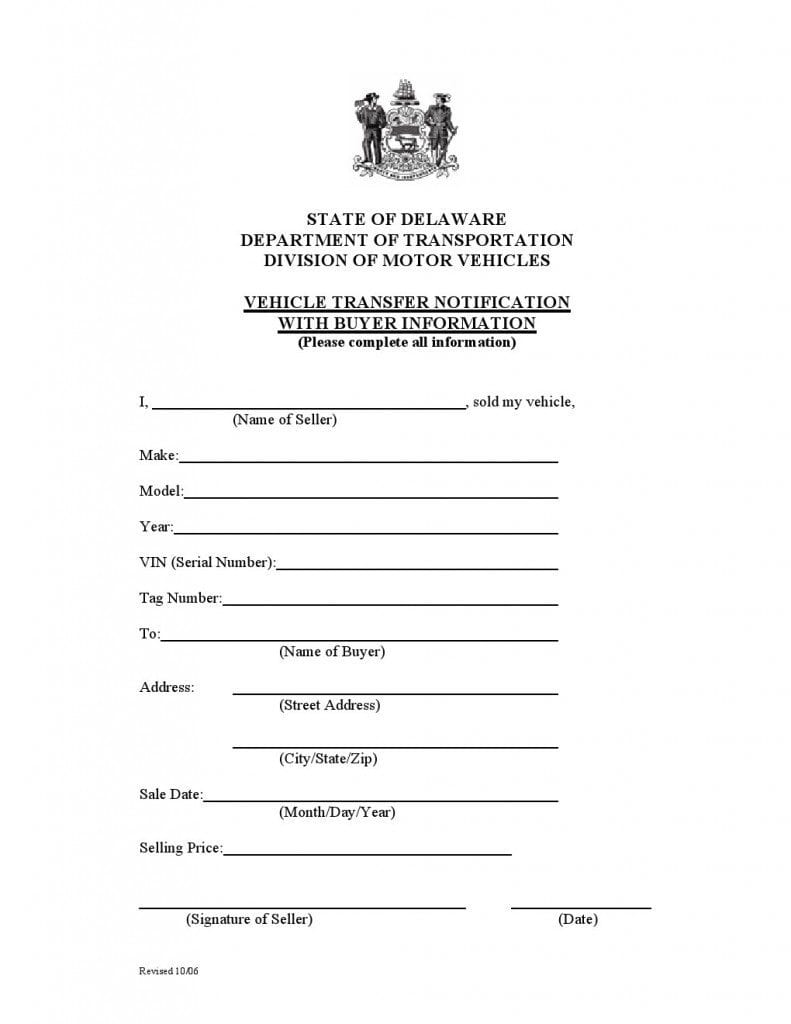 Download Free Delaware Vehicle Bill Of Sale Form Download