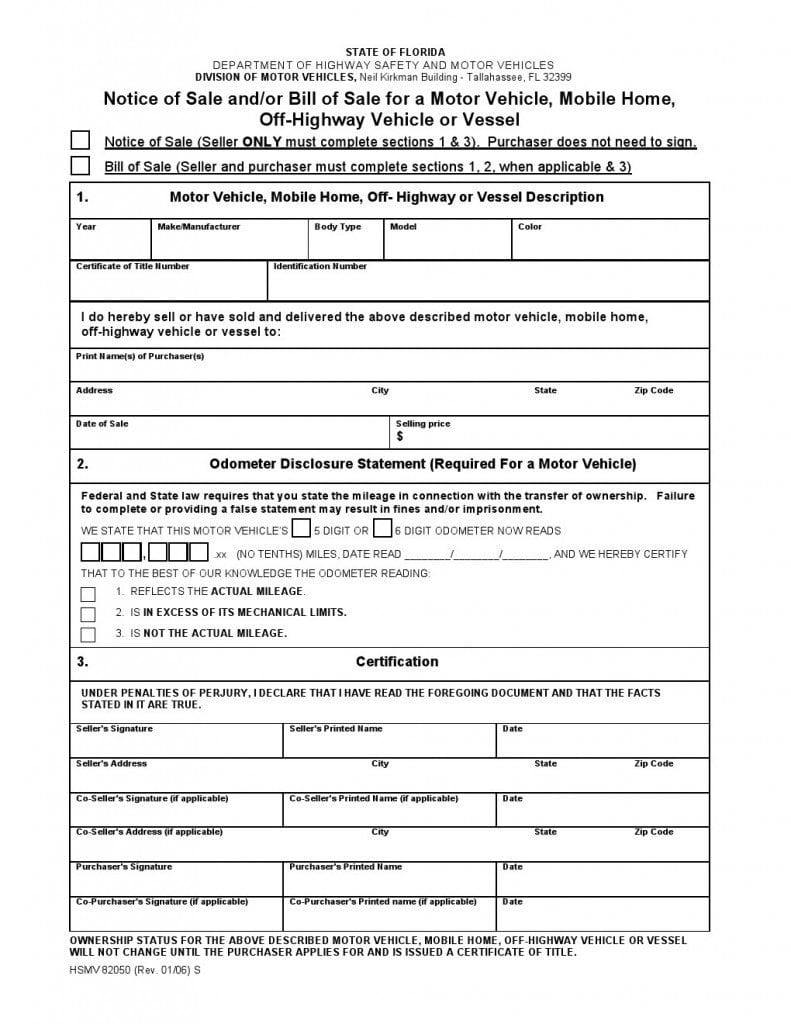 download free florida vehicle mobile home vessel bill of sale form