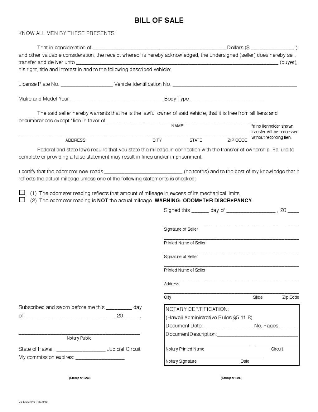 Download Free Hawaii Vehicle Bill Of Sale Form Form Download