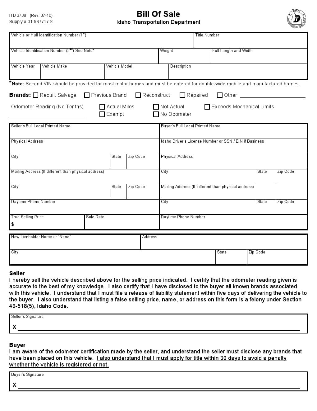 Download Free Idaho Vehicle Bill Of Sale Form Form Download