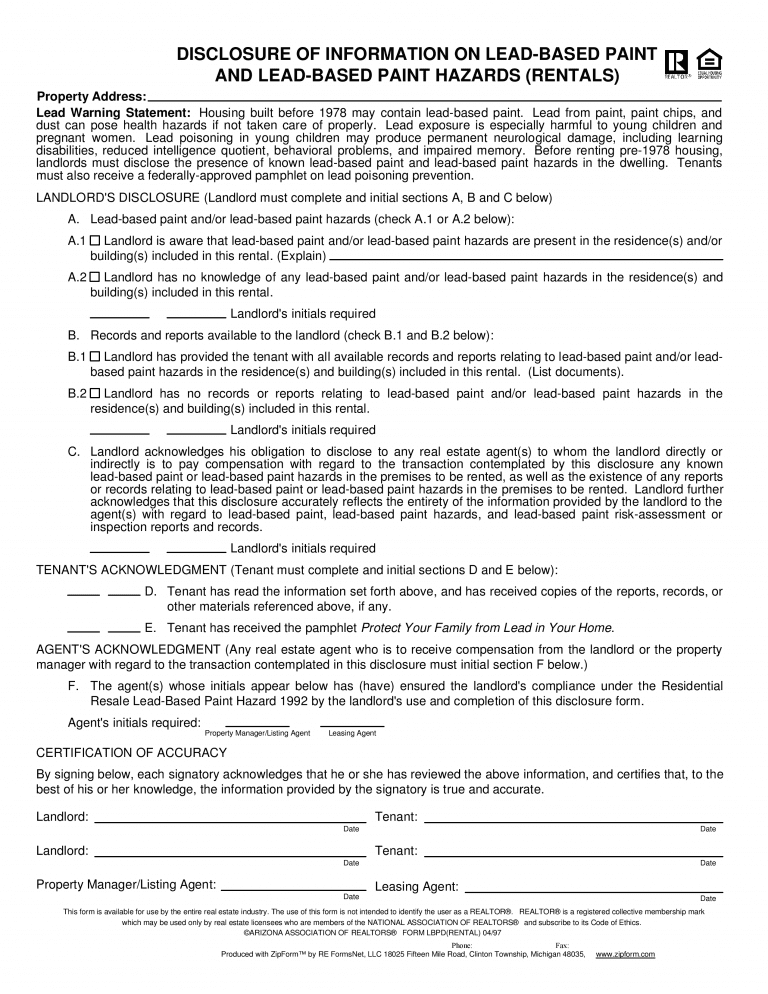 Download Free Arizona Lead Based Disclosure Form Form Download
