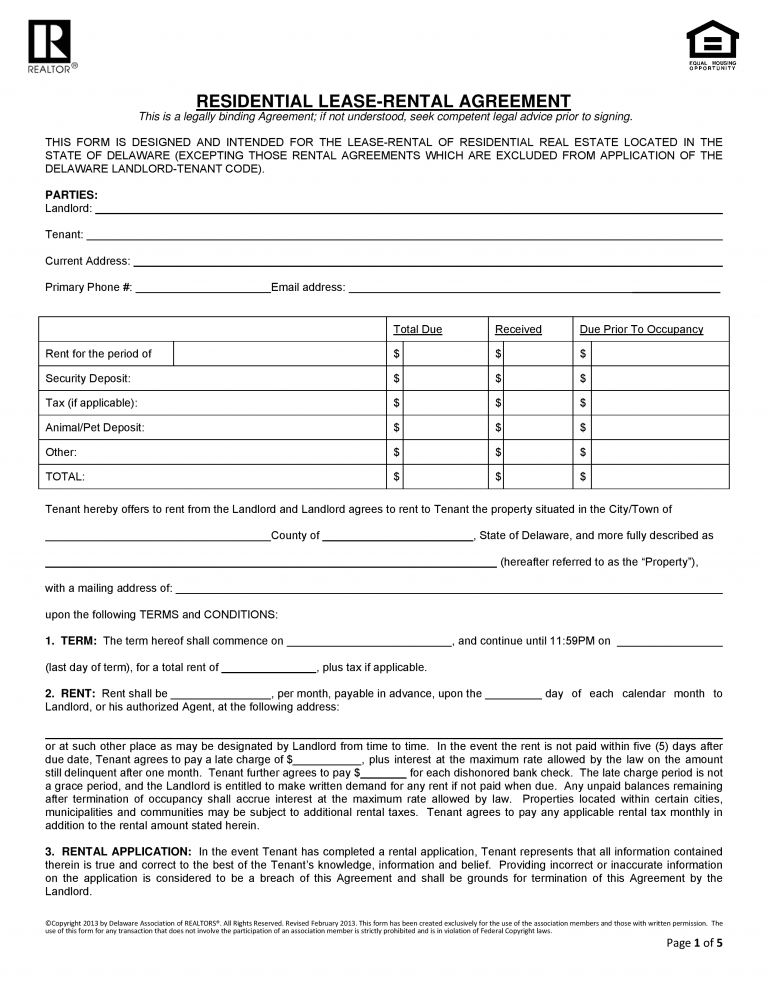 Download Free Delaware Residential Lease Agreement Form Download