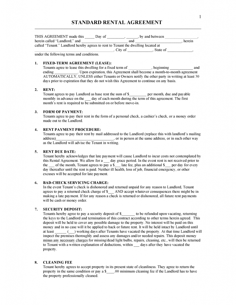 Download Free Standard Rental Agreement Form Download