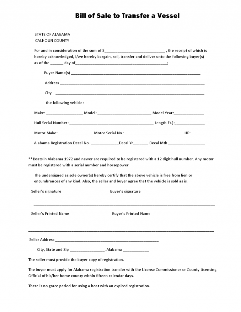 Download Free Alabama Calhoun County Vessel Bill Of Sale Form | Form ...