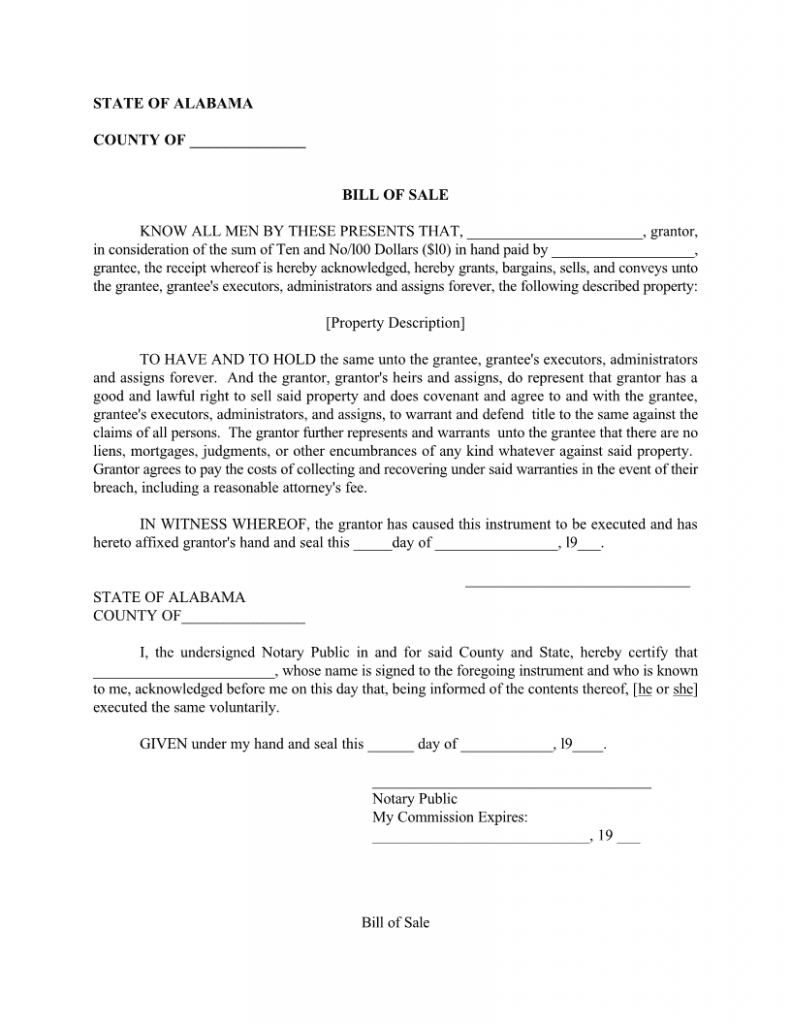 Alabama Generic Bill of Sale Form