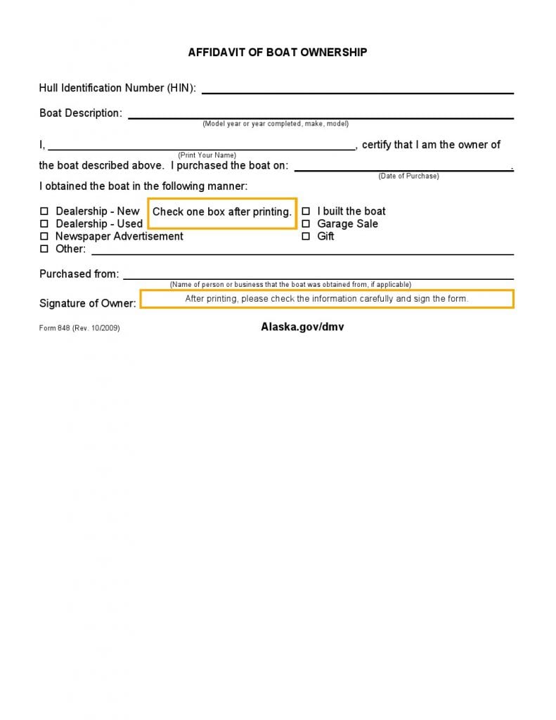 Alaska Affidavit of Boat Ownership