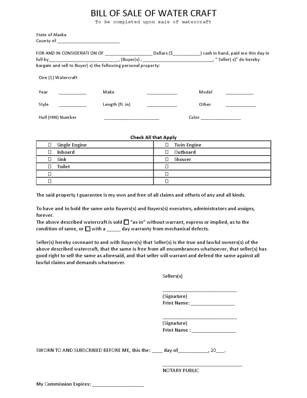 Download Free Alaska Watercraft Bill Of Sale Form Form Download