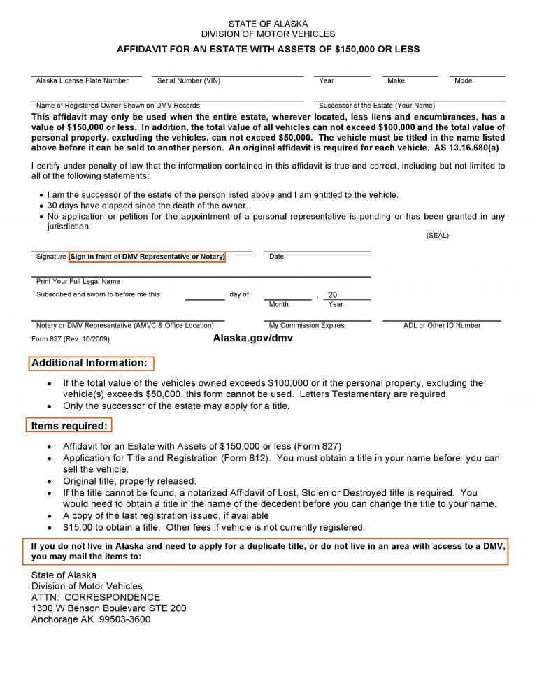 Download Free Alaska DMV Small Estate Affidavit Form 827 | Form Download