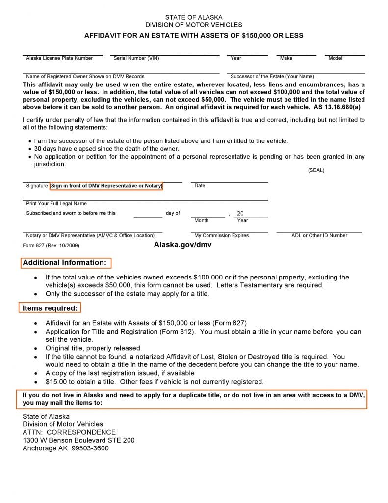 Alaska DMV Small Estate Affidavit Form 827