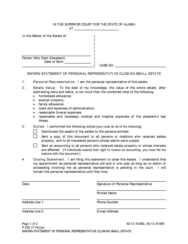 Alaska Small Estate Affidavit Form P 350