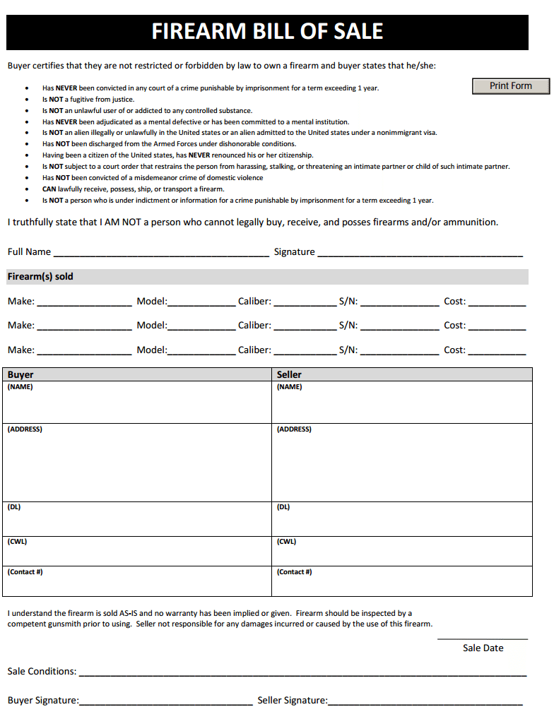 Download Free Firearm Bill Of Sale Form  Form Download