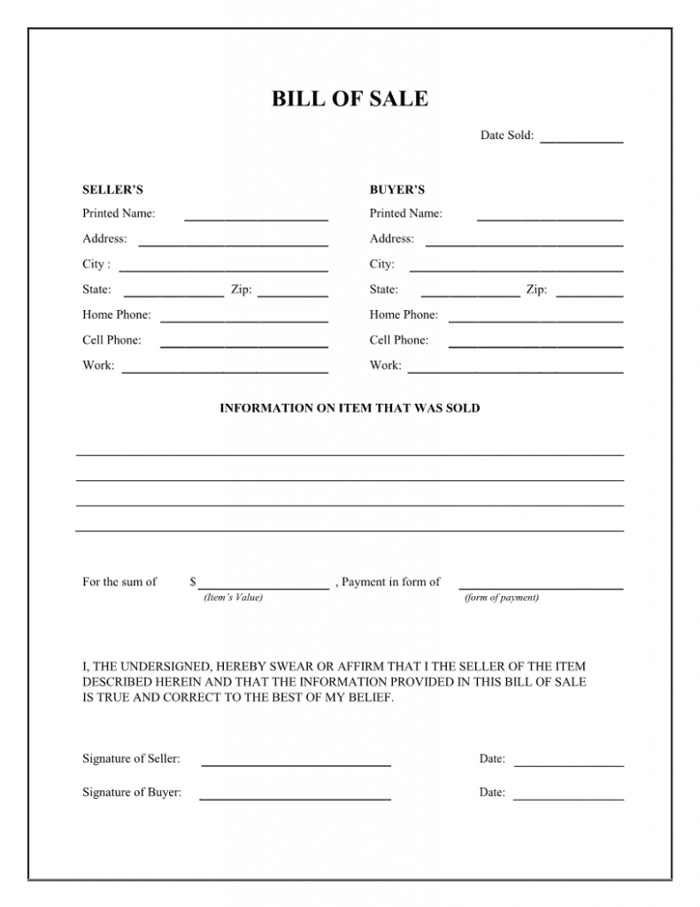 Free Printable Bill Of Sale Example