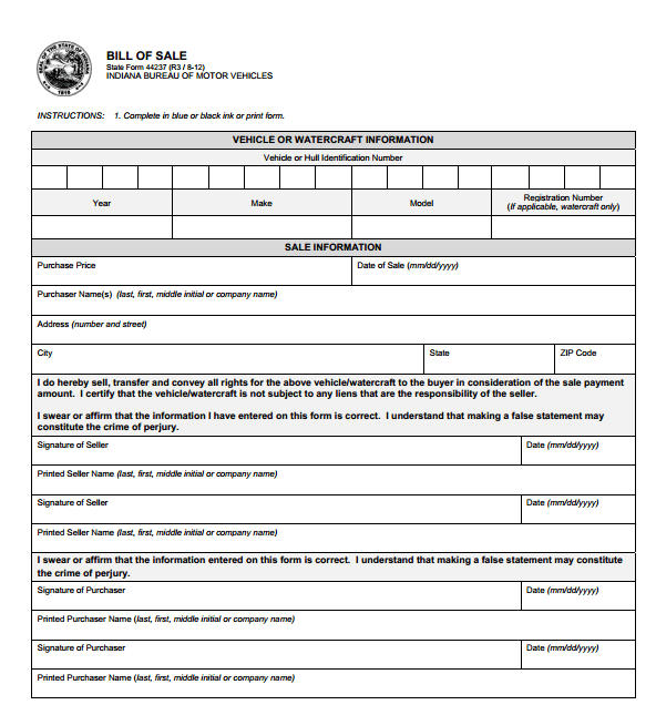 download free indiana motor vehicle bill of sale form form download