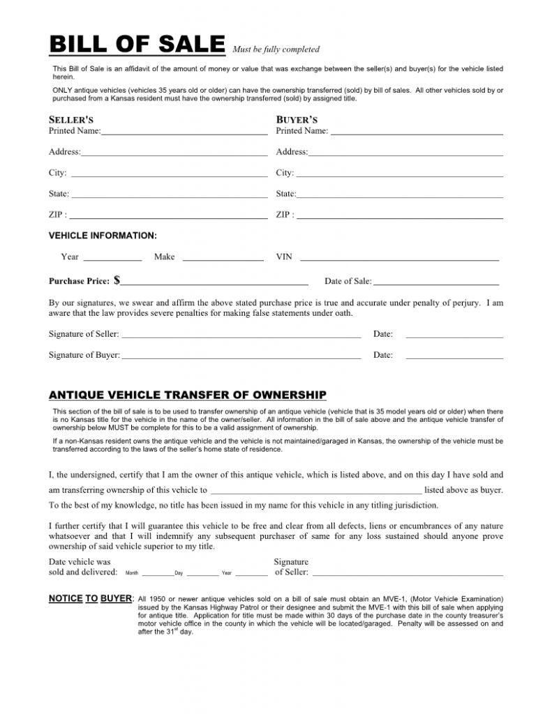 Kansas Vehicle Bill of Sale Form