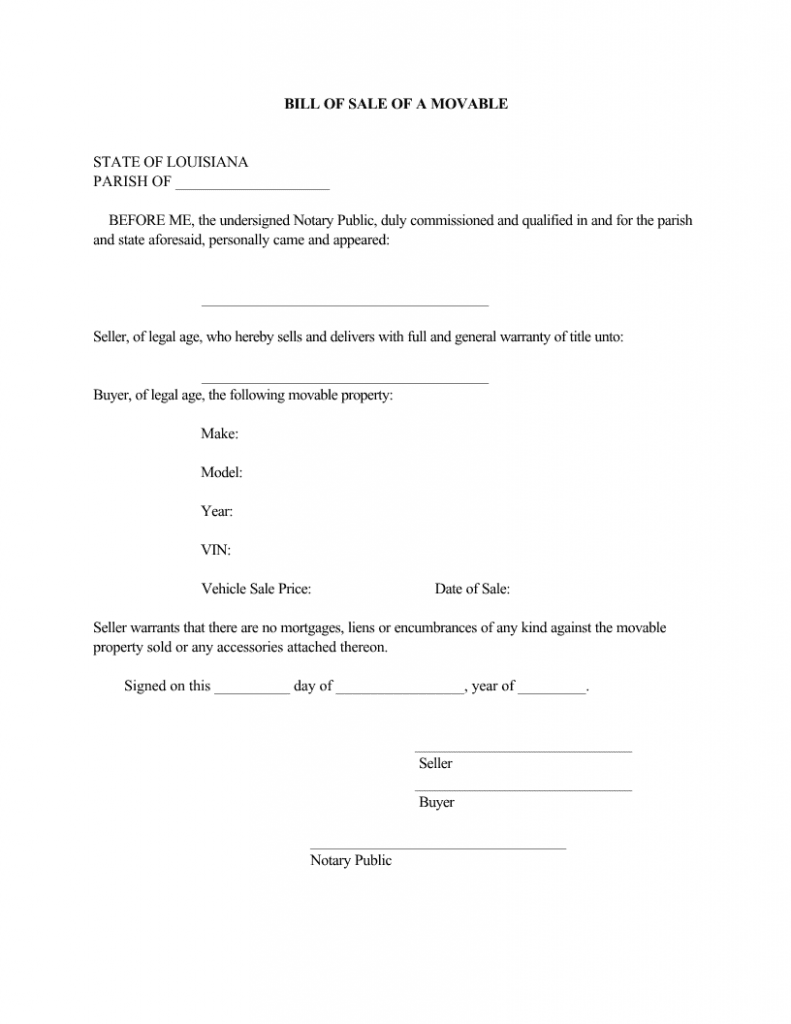 Louisiana Movable Bill of Sale Form