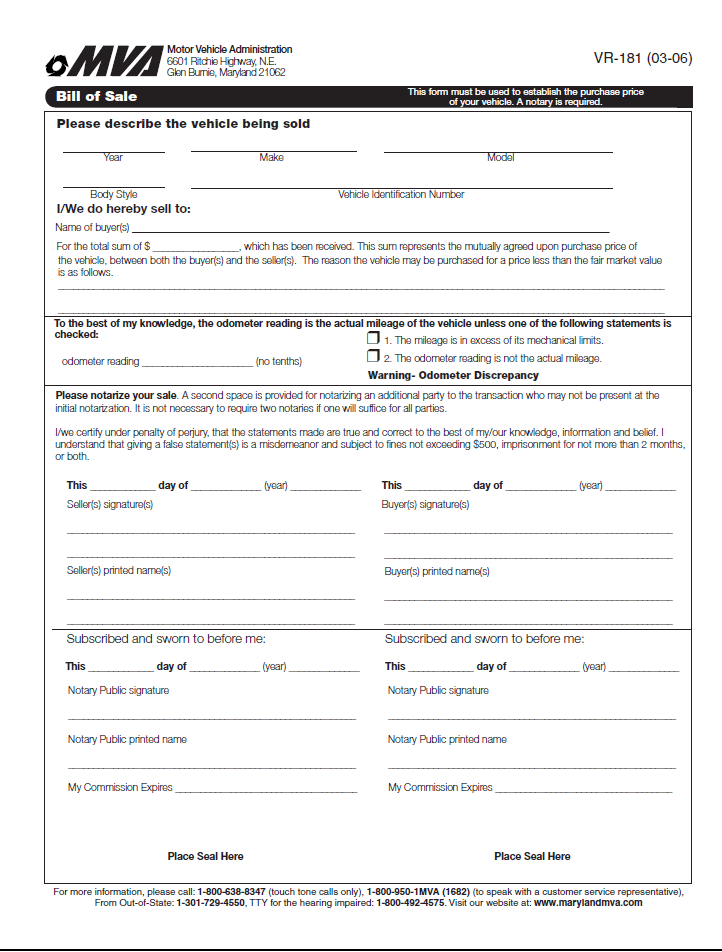 Maryland Motor Vehicle Bill of Sale Form