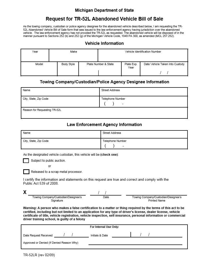 Michigan Abandoned Vehicle Bill of Sale