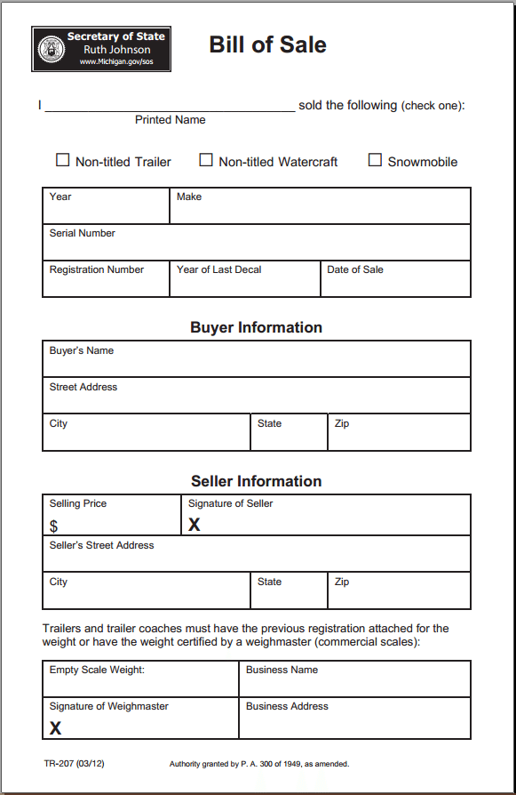 Michigan Bill of Sale Form