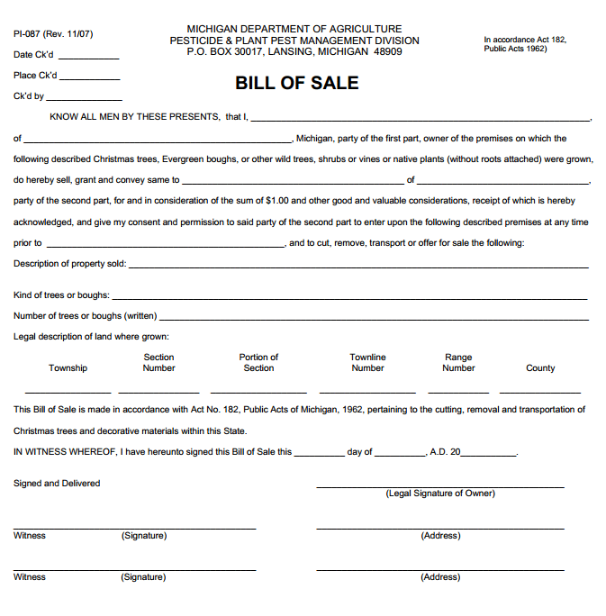 download free michigan plant bill of sale form form download