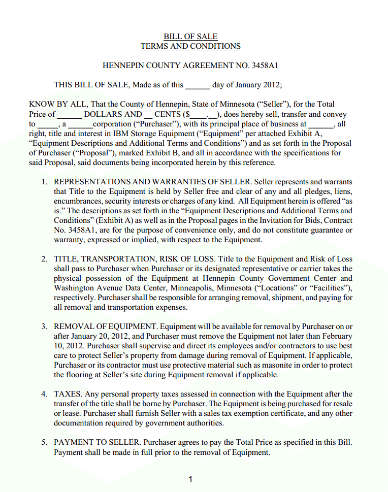 Minnesota IBM Storage Equipment Bill Of Sale Form