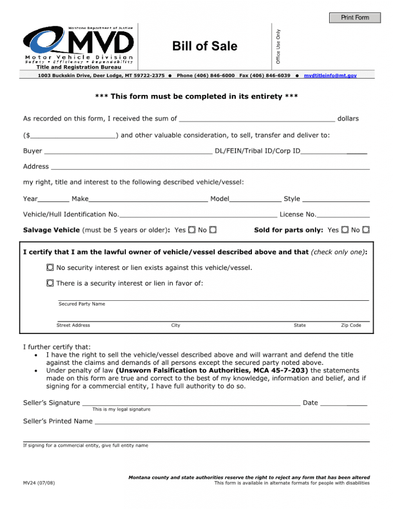 Download Free Montana Vehicle Bill Of Sale Form Form Download