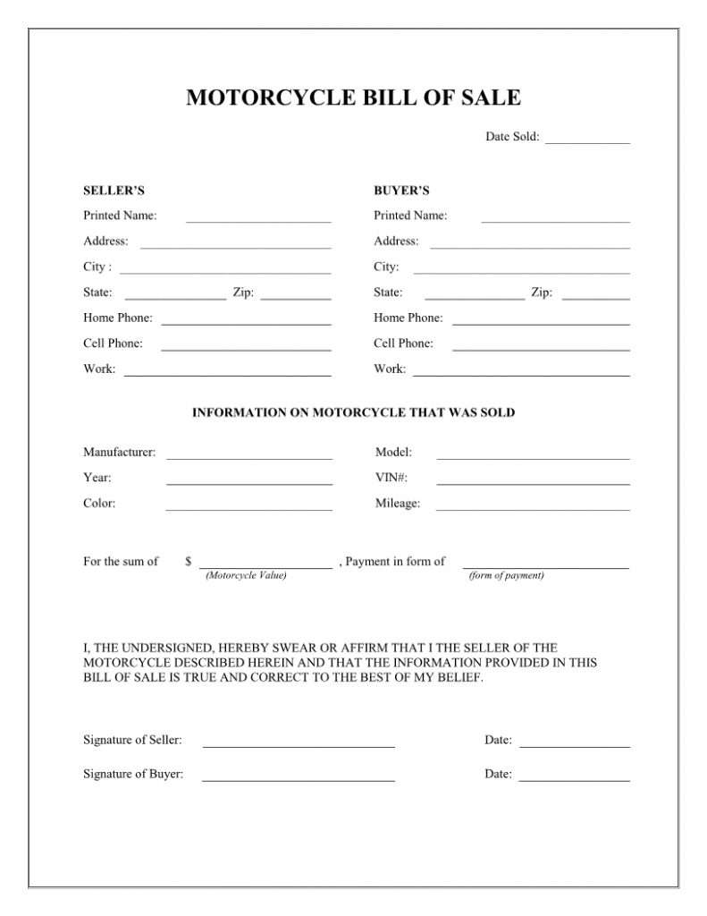 Motorcycle Bill of Sale Form