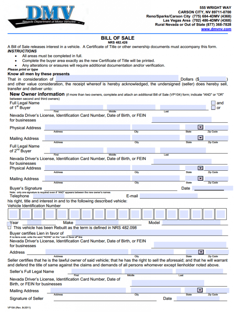 Nevada Motor Vehicle Bill of Sale