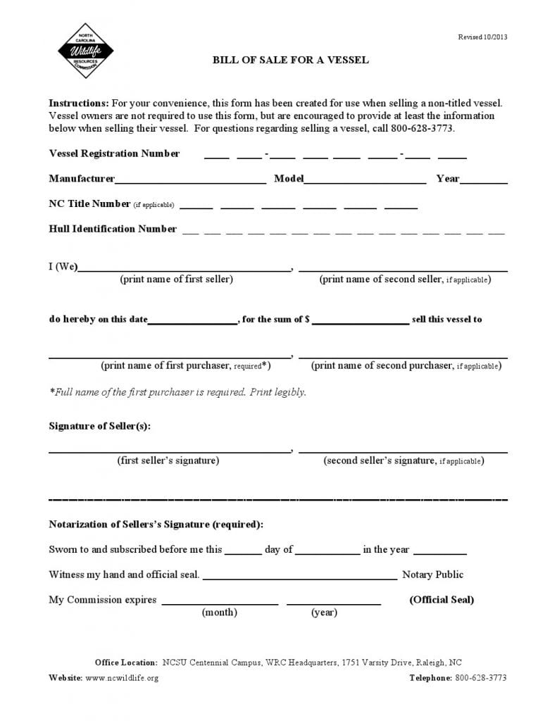 download free north carolina vessel bill of sale form form download