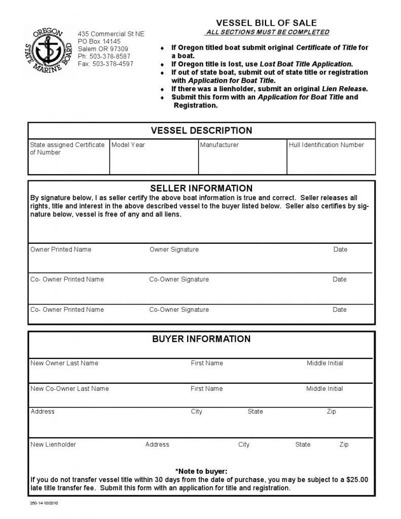 Oregon Vessel Bill of Sale