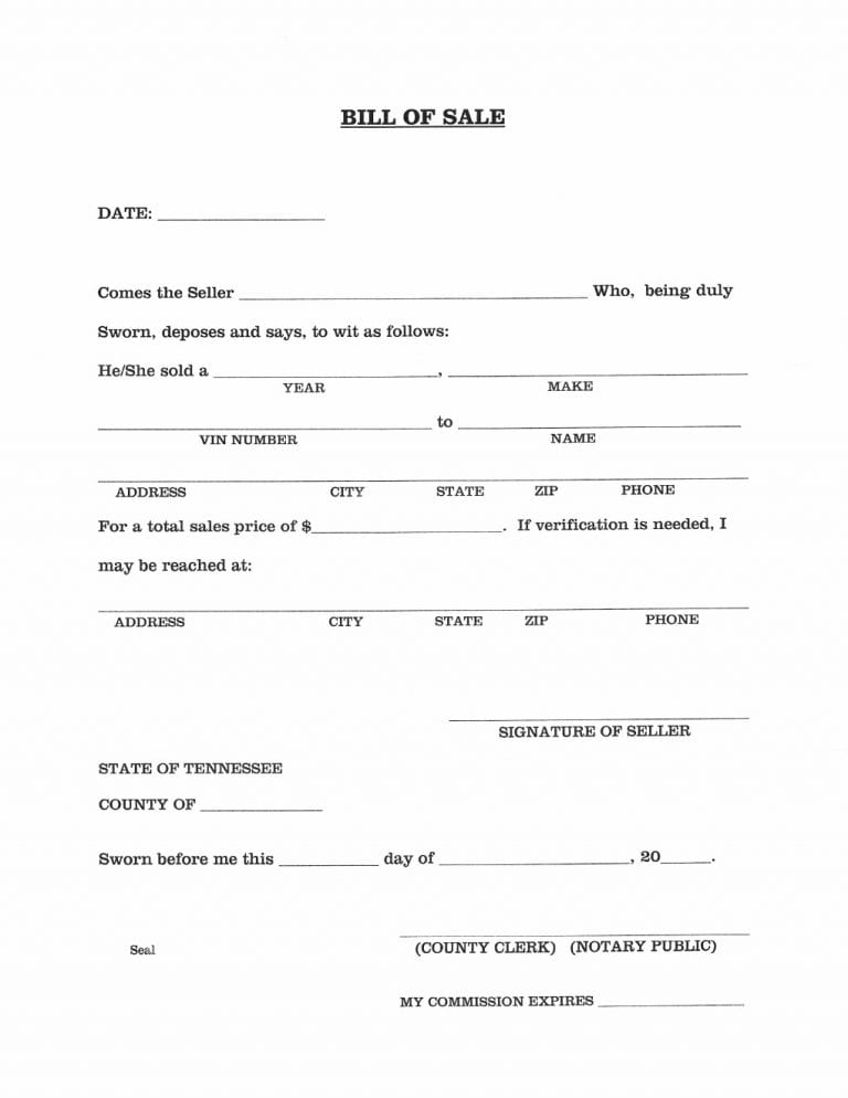 Download Free Tennessee Vehicle Bill Of Sale Form | Form Download