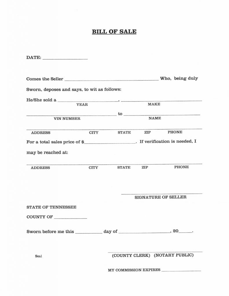 Download Free Tennessee Vehicle Bill Of Sale Form | Form Download