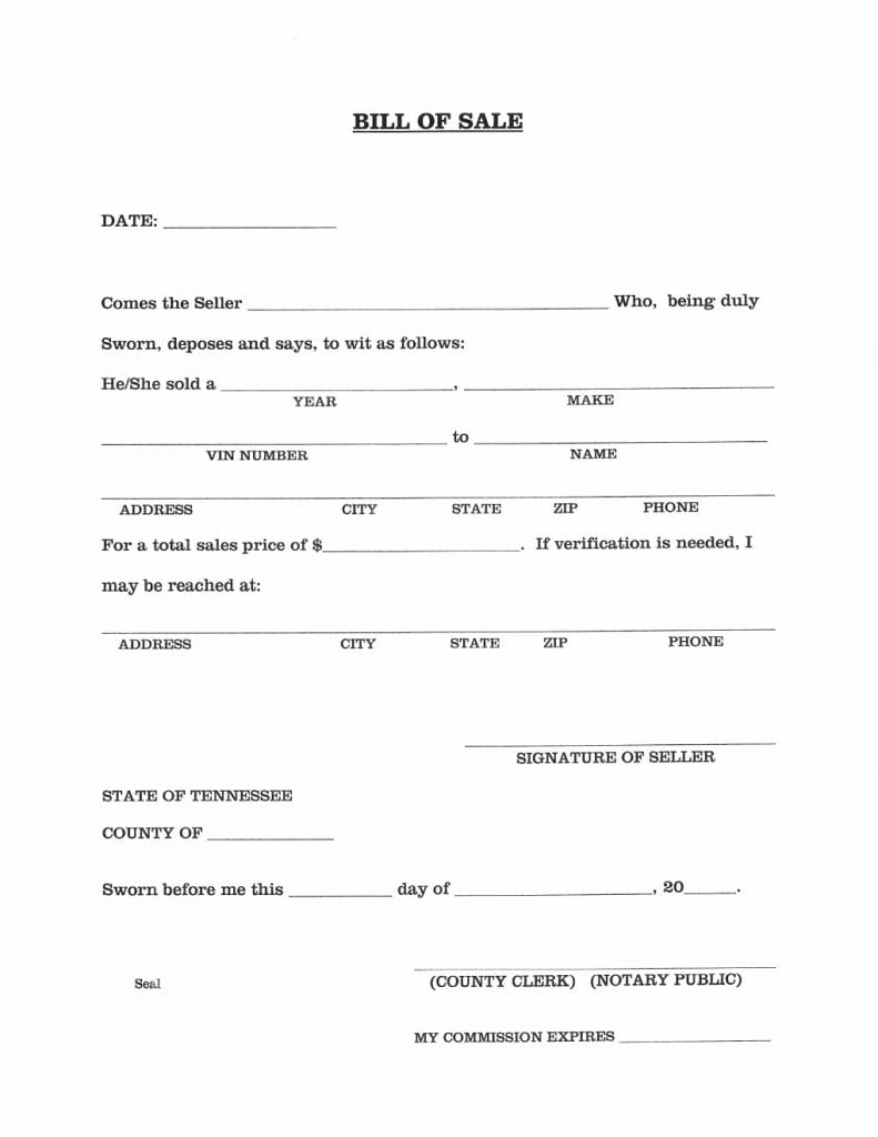 Download Free Tennessee Vehicle Bill Of Sale Form Form Download