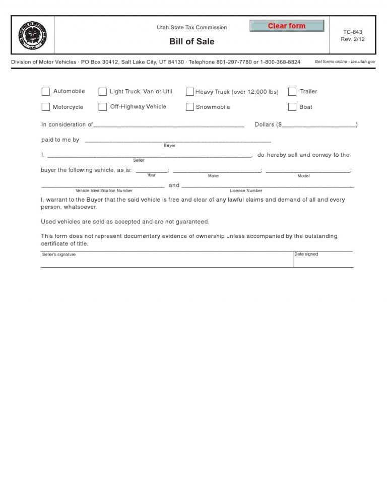 Download Free Utah Bill Of Sale Form TC 843 Form Download