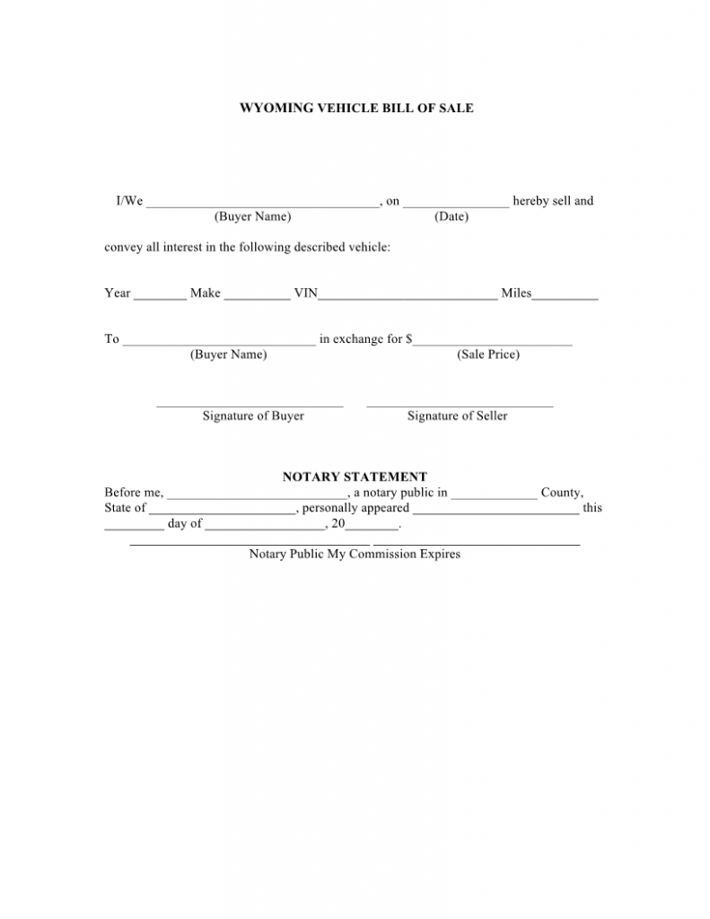 Download Free Wyoming Vehicle Bill Of Sale Form Form Download