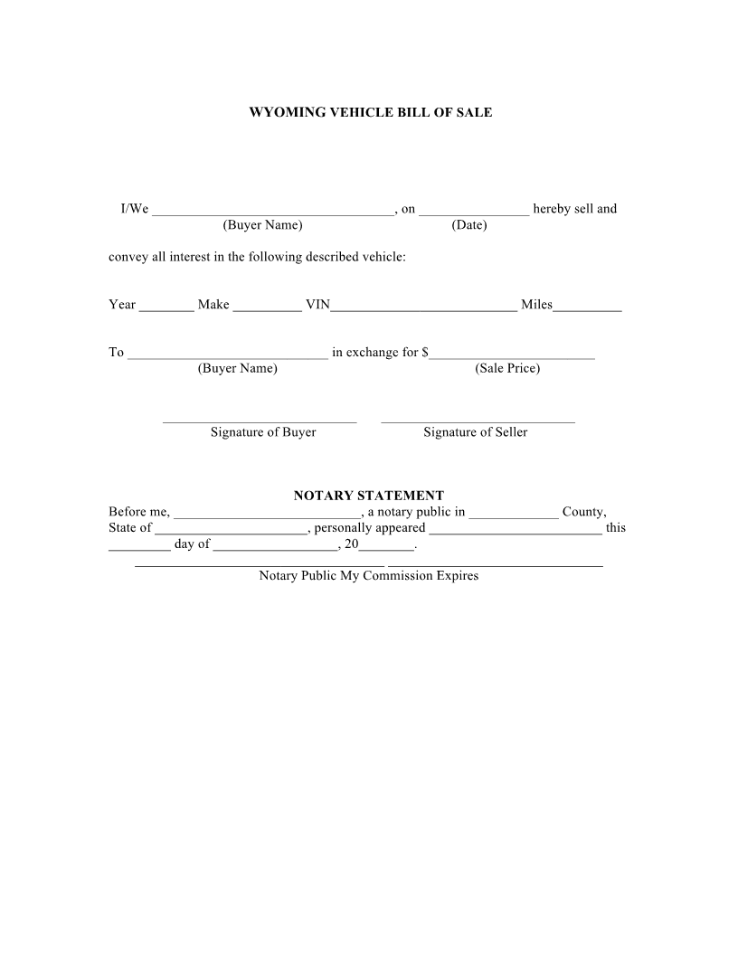 Wyoming Vehicle Bill of Sale