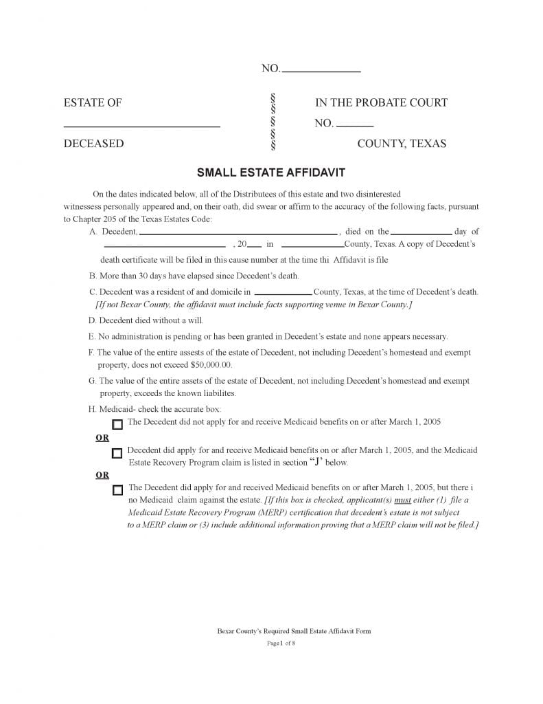 Bexar County Texas Small Estate Affidavit Form