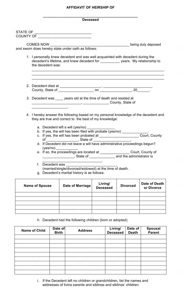 Blank Affidavit Of Heirship Form