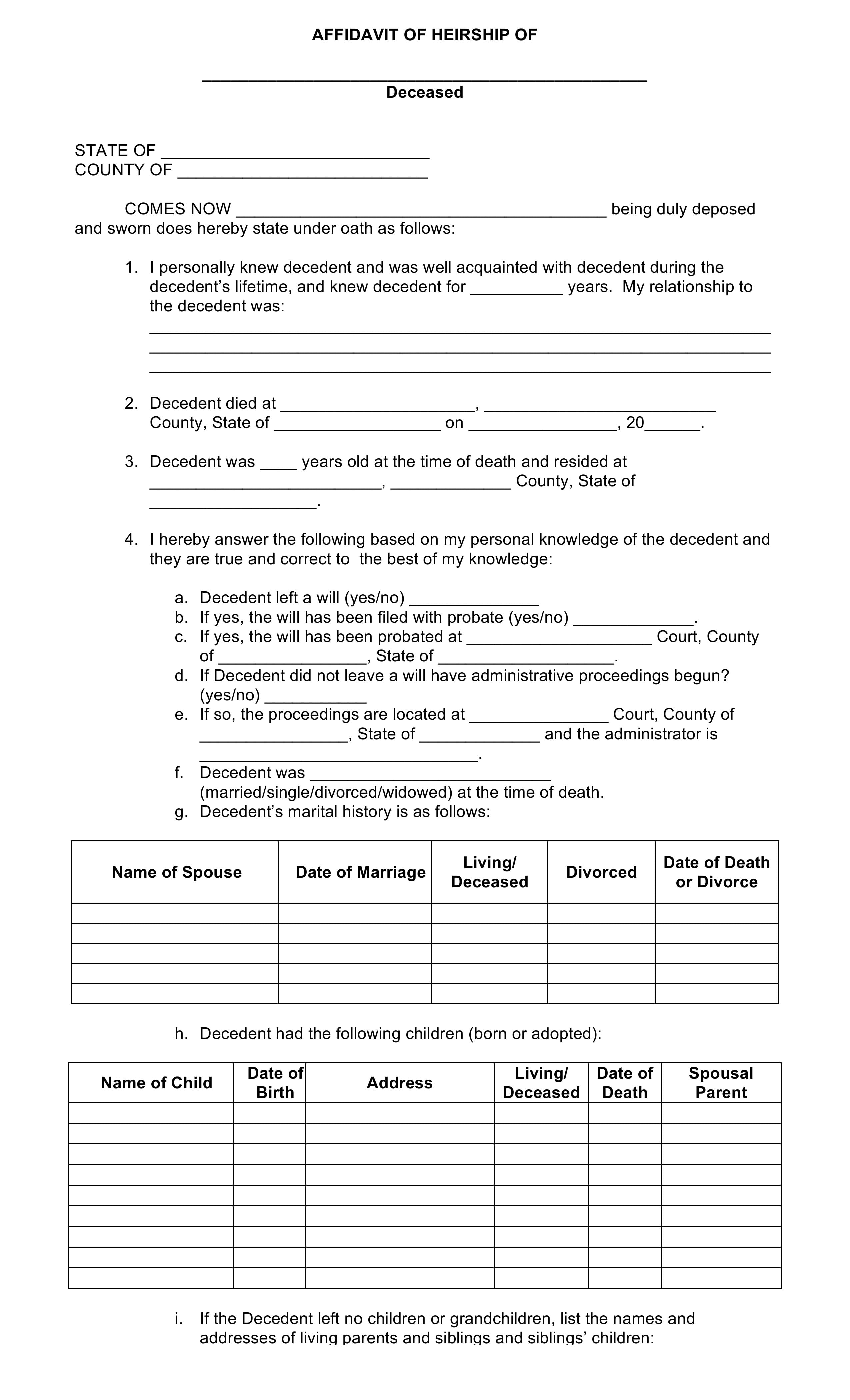 Download Free Blank Affidavit Of Heirship Form Form Download