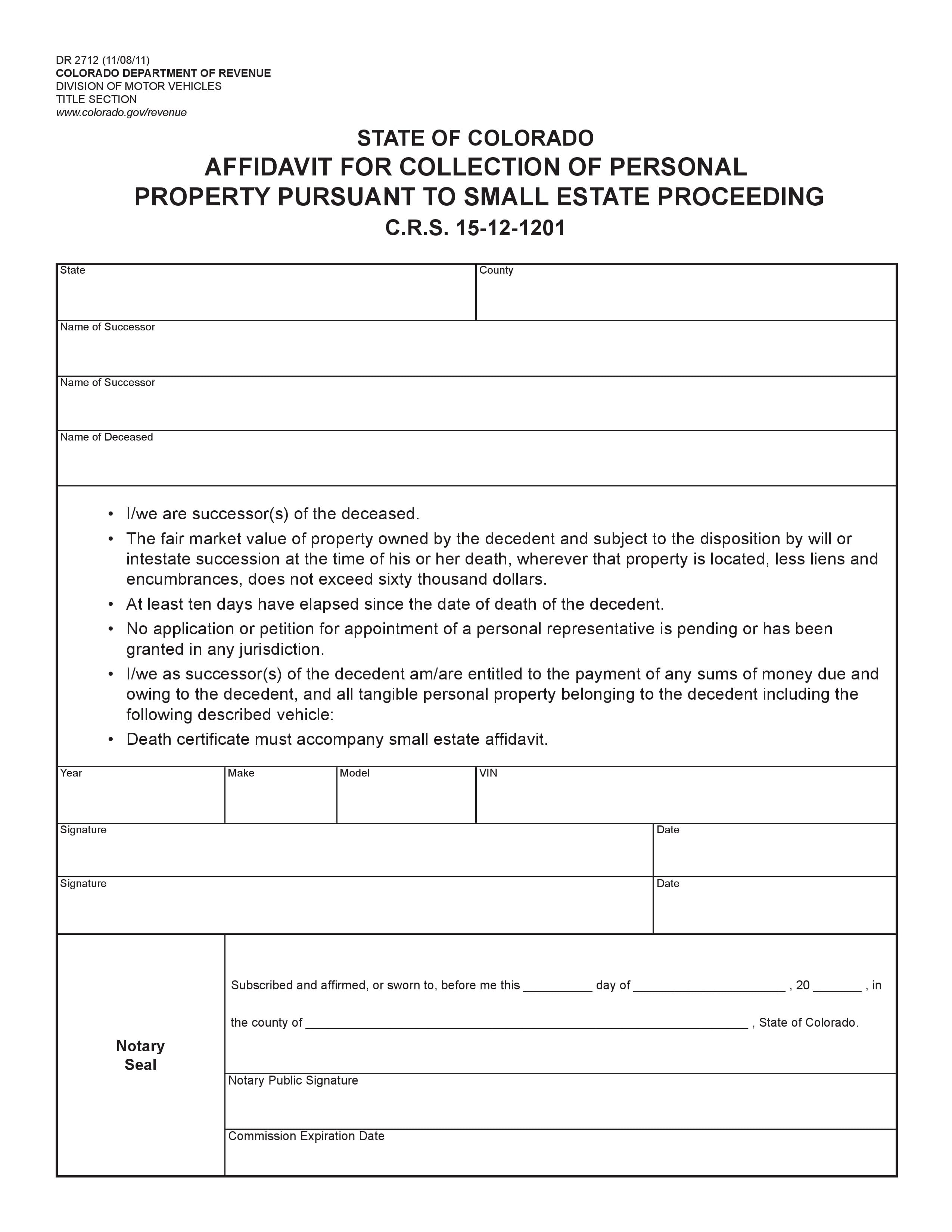 Colorado Small Estate Affidavit Form Dr2712