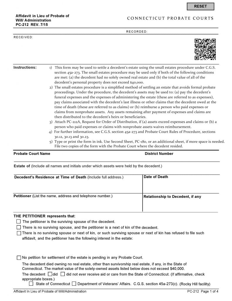 Connecticut Small Estate Affidavit Form PC 212