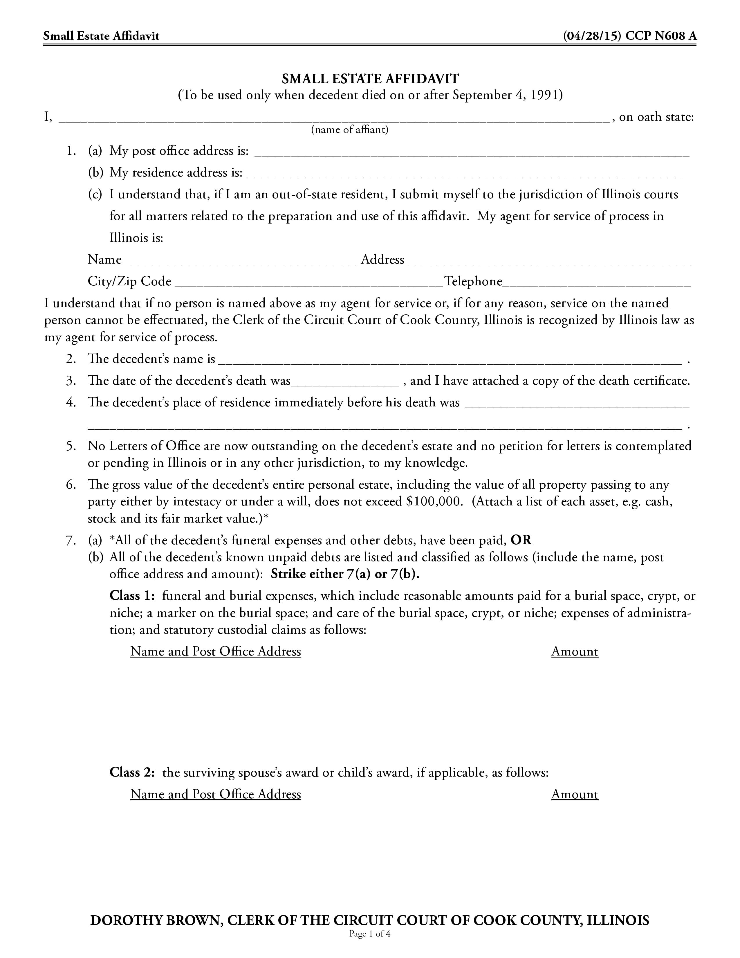 Download Free Cook County Illinois Small Estate Affidavit Form Form Download