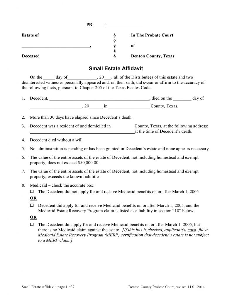 Download Free Denton County Texas Small Estate Affidavit Form | Form ...