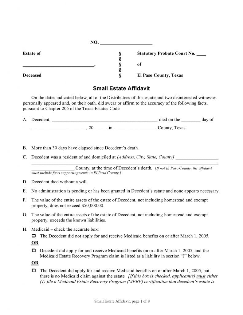 El Paso County Texas Small Estate Affidavit Form