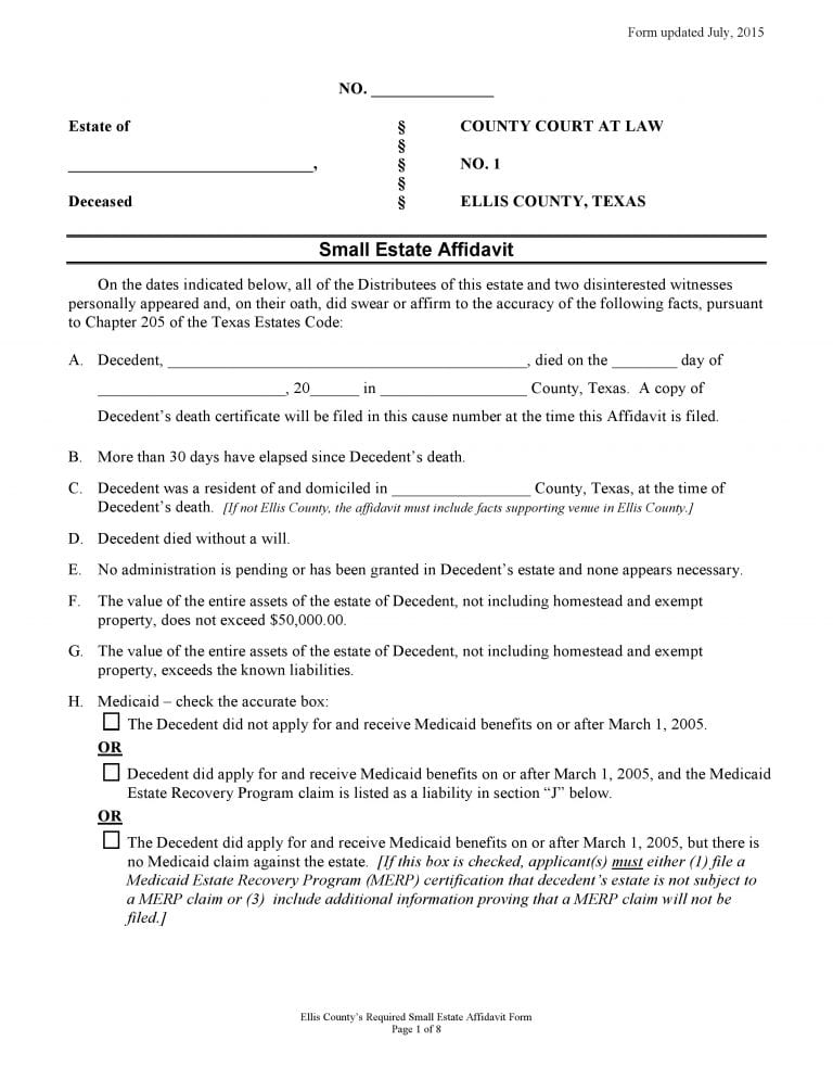 Download Free Ellis County Texas Small Estate Affidavit Form | Form ...