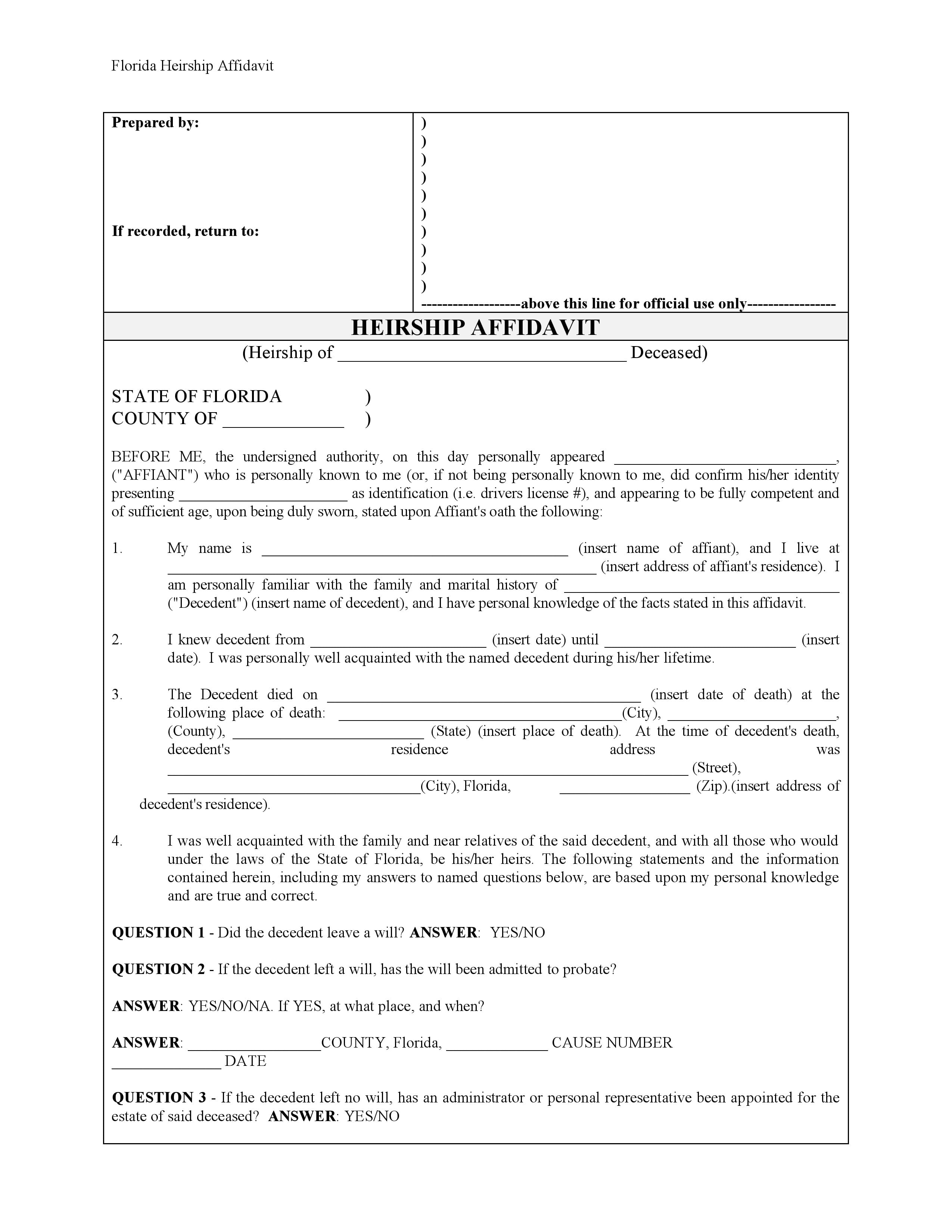 Download Free Florida Affidavit Of Heirship Form Form Download